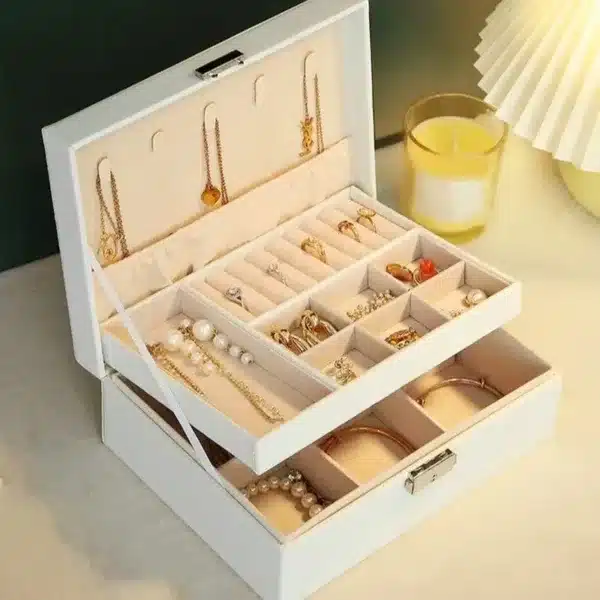 Boîte de rangement pour bijoux à 2 niveaux avec tiroirs et compartiments pour bagues, colliers et boucles d’oreilles