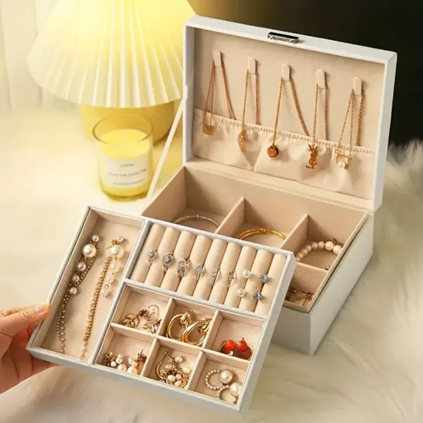 Boîte de rangement pour bijoux à 2 niveaux avec tiroirs et compartiments pour bagues, colliers et boucles d’oreilles