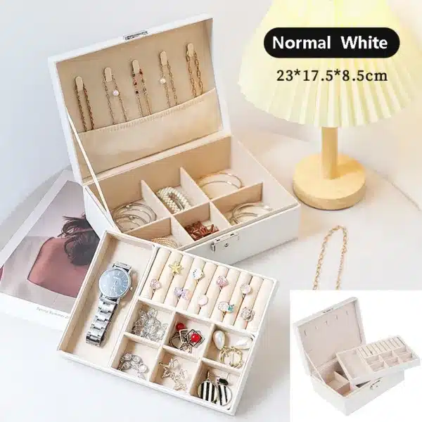 Boîte de rangement pour bijoux à 2 niveaux avec tiroirs et compartiments pour bagues, colliers et boucles d’oreilles