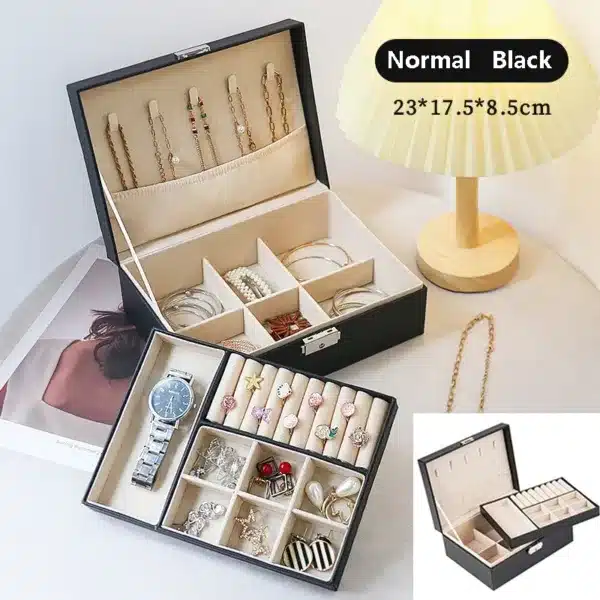 Boîte de rangement pour bijoux à 2 niveaux avec tiroirs et compartiments pour bagues, colliers et boucles d’oreilles