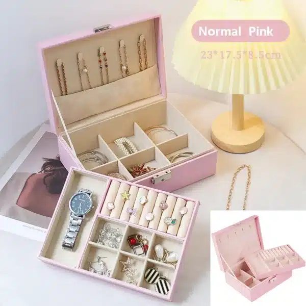 Boîte de rangement pour bijoux à 2 niveaux avec tiroirs et compartiments pour bagues, colliers et boucles d’oreilles