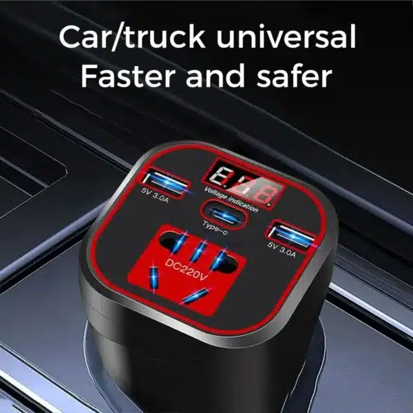 Chargeur allume cigare voiture avec indicateur de tension et ports USB Type-C