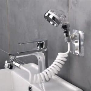 douchette de lavabo avec support mural, tuyau spiralé et séparateur d’eau chromé