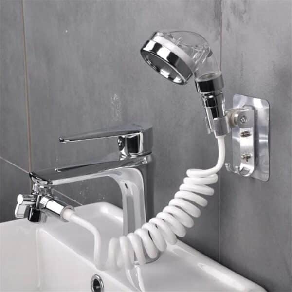 douchette de lavabo avec support mural, tuyau spiralé et séparateur d’eau chromé