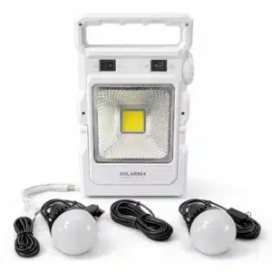 kit éclairage solaire portable blanc modèle SOLAR804 avec projecteur LED et 2 ampoules