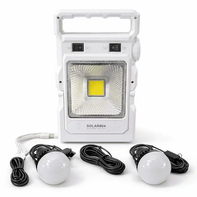 kit-eclairage-solaire-portable-avec-2-ampoules-led-1 kit éclairage solaire portable blanc modèle SOLAR804 avec projecteur LED et 2 ampoules