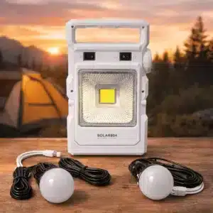 Lampe solaire camping avec projecteur LED et 3 ampoules sur câbles pour éclairage extérieur