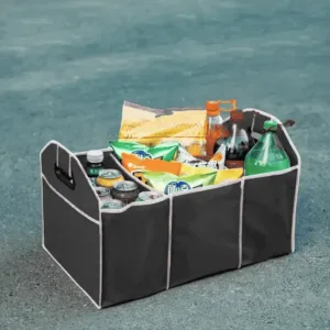 Organisateur de coffre de voiture pliable noir avec poignées et compartiments