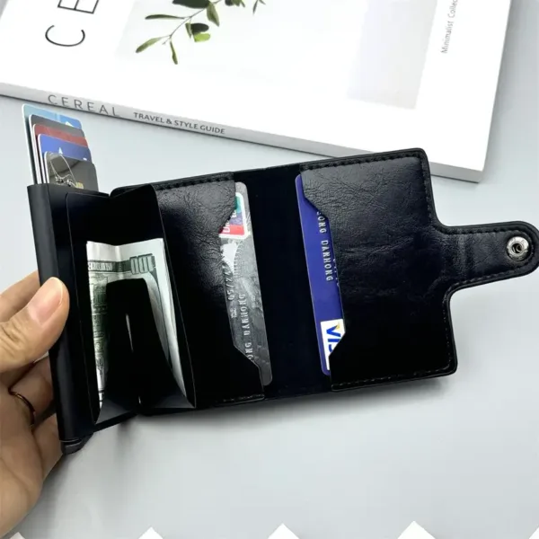 Portefeuille homme cuir noir et marron avec système pop-up, rangement billets et protection RFID