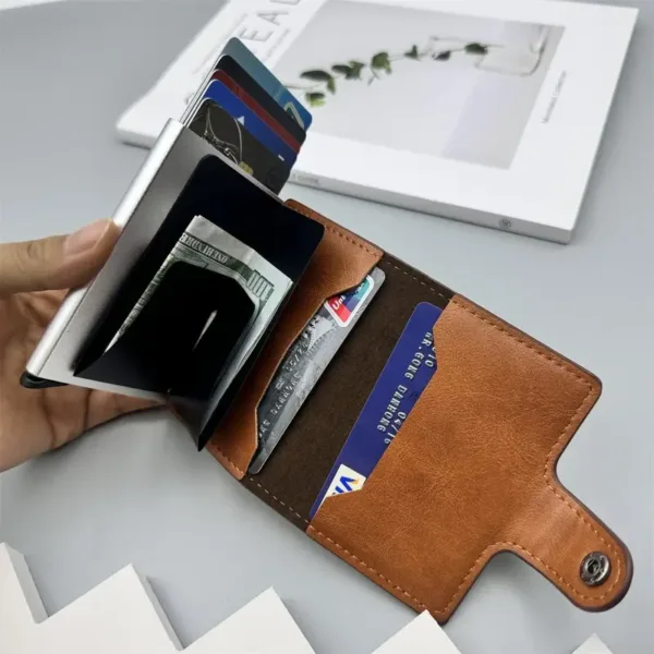 Portefeuille homme cuir noir et marron avec système pop-up, rangement billets et protection RFID