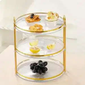 Présentoir 3 niveaux en acrylique transparent avec structure dorée – support élégant pour desserts et apéritifs à Casablanca