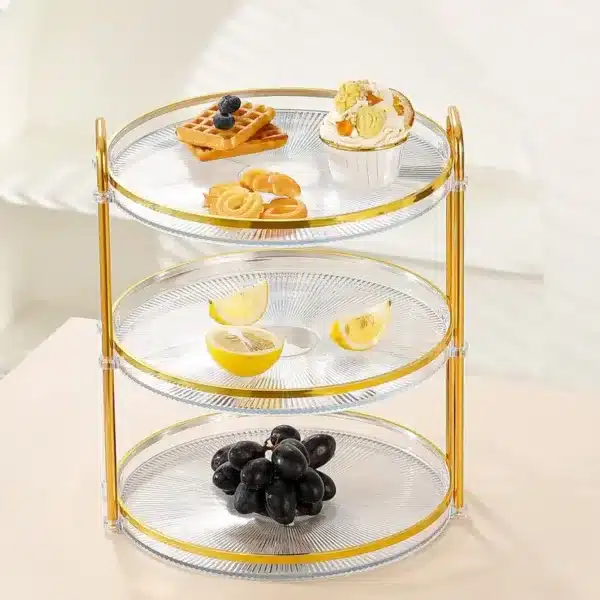 Présentoir 3 niveaux en acrylique transparent avec structure dorée – support élégant pour desserts et apéritifs à Casablanca