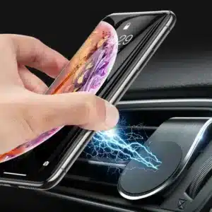Support téléphone magnétique pour grille d’aération voiture avec pince silicone et design en métal