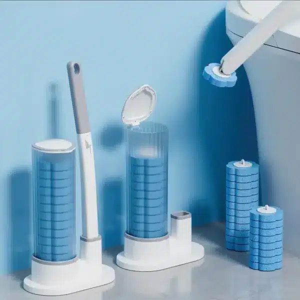 Balai WC jetable avec support et recharges de pastilles nettoyantes bleues
