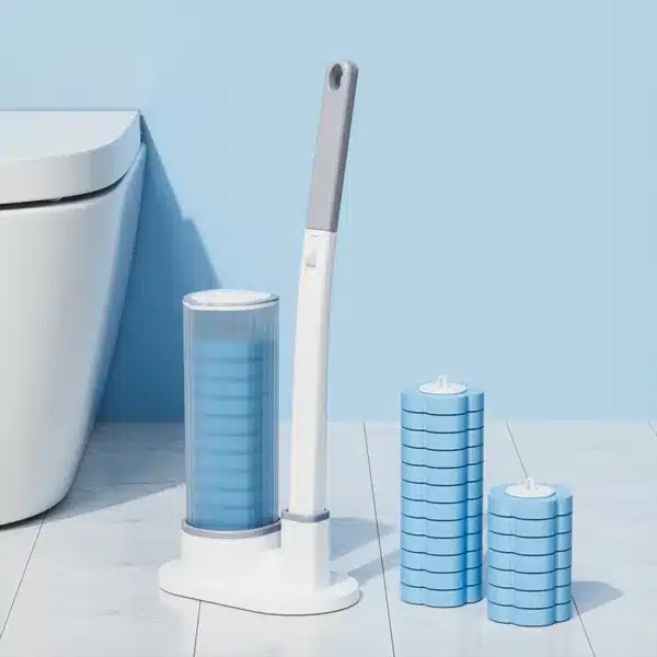 Balai WC jetable avec support et recharges de pastilles nettoyantes bleues