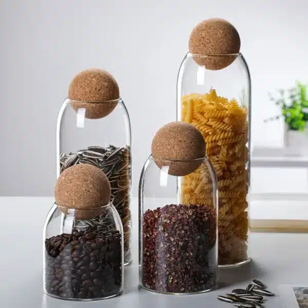 Bocaux en verre avec bouchon boule en liege pour rangement de cuisine, ideaux pour cafe, epices et the – Design moderne et naturel