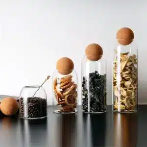 Bocaux en verre avec bouchon boule en liege pour rangement de cuisine, ideaux pour cafe, epices et the – Design moderne et naturel