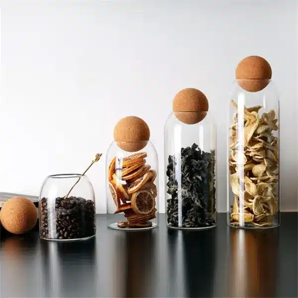 Bocaux en verre avec bouchon boule en liege pour rangement de cuisine, ideaux pour cafe, epices et the – Design moderne et naturel