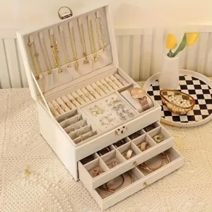 boîte à bijoux élégante avec tiroirs, miroir et serrure pour rangement de bijoux
