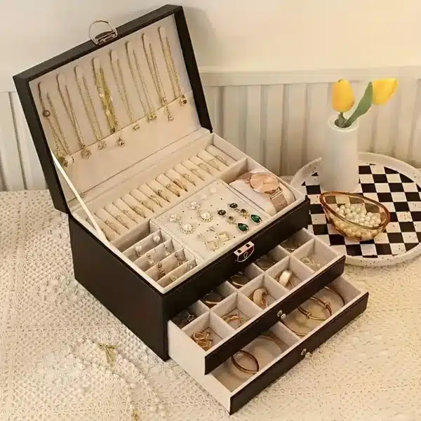 boîte à bijoux élégante avec tiroirs, miroir et serrure pour rangement de bijoux