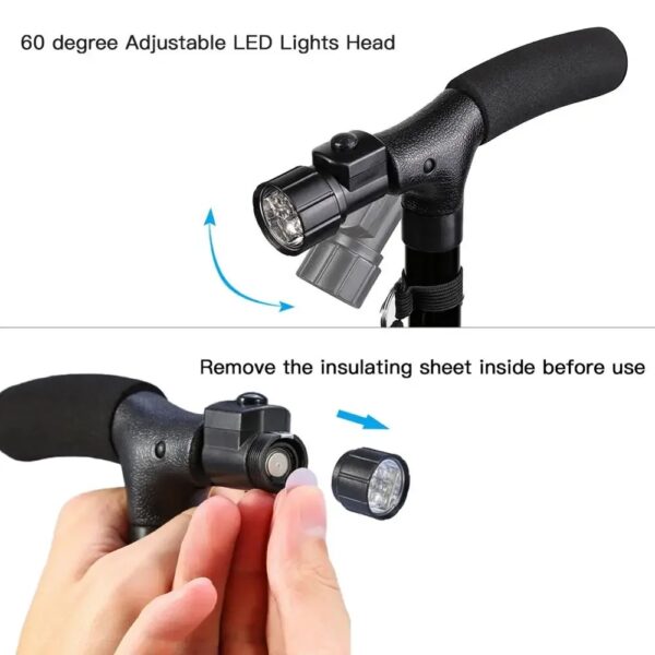 Canne de marche pliable avec lampe LED et poignée ergonomique pour mobilité senior au Maroc