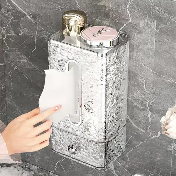 Distributeur mural de mouchoirs luxe avec tiroir effet cristal argenté