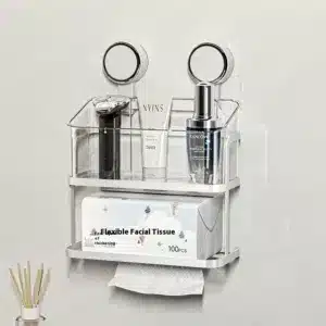 Étagère murale salle de bain avec ventouses, deux niveaux de rangement et distributeur mouchoirs