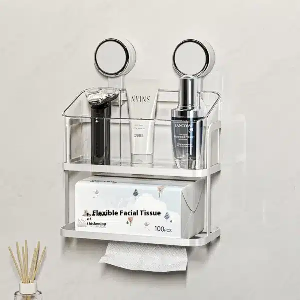 Étagère murale salle de bain avec ventouses, deux niveaux de rangement et distributeur mouchoirs