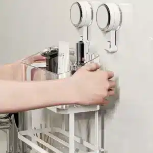 Étagère murale salle de bain avec ventouses, deux niveaux de rangement et distributeur mouchoirs