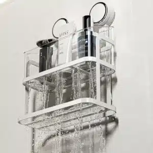 Étagère murale salle de bain avec ventouses, deux niveaux de rangement et distributeur mouchoirs