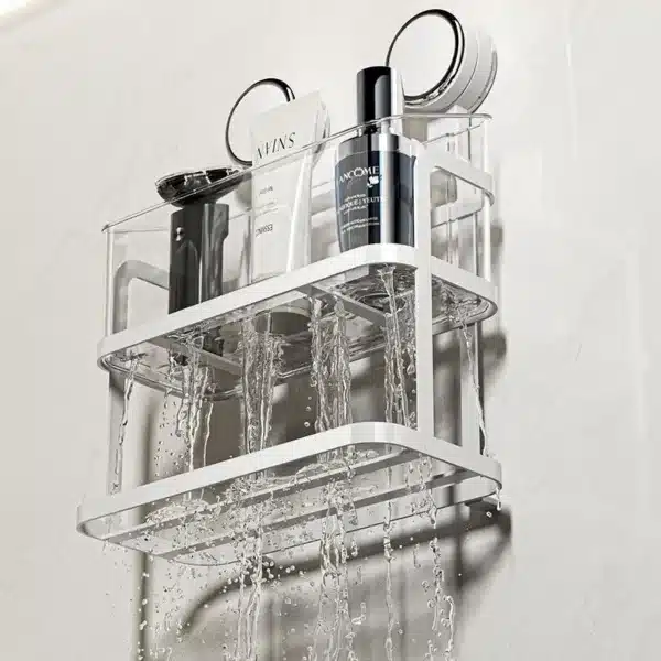 Étagère murale salle de bain avec ventouses, deux niveaux de rangement et distributeur mouchoirs