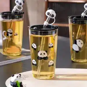 gobelet panda transparent avec paille réutilisable et couvercle étanche
