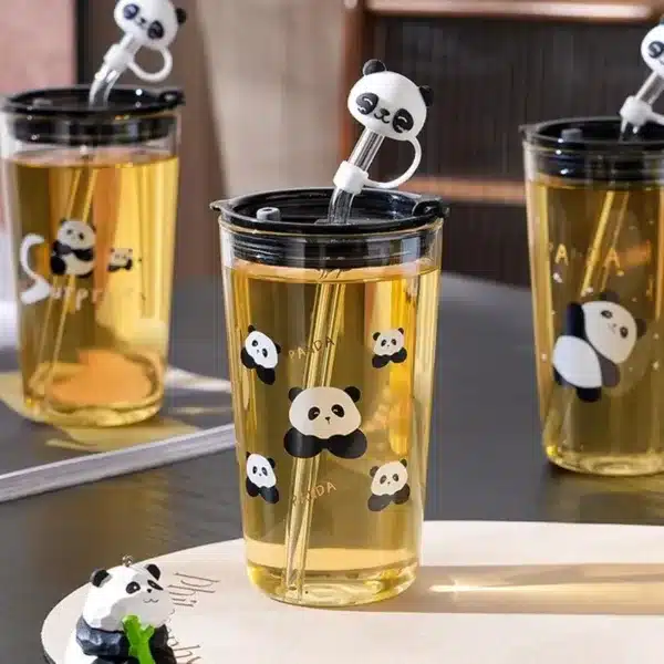 gobelet panda transparent avec paille réutilisable et couvercle étanche