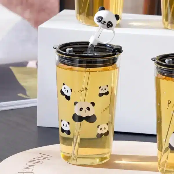 gobelet panda transparent avec paille réutilisable et couvercle étanche