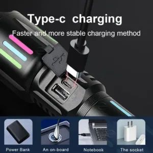 Lampe torche LED rechargeable avec batterie et 5 modes d’éclairage