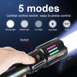 Lampe torche LED rechargeable avec batterie et 5 modes d’éclairage