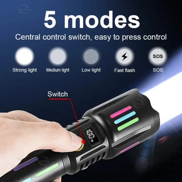 Lampe torche LED rechargeable avec batterie et 5 modes d’éclairage