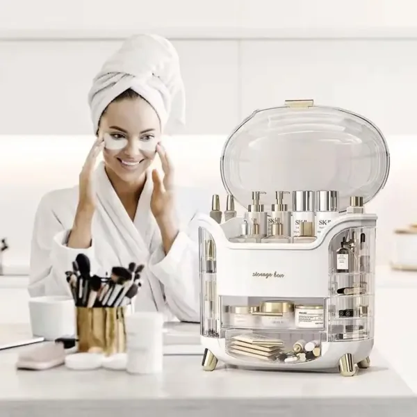 Organisateur de maquillage luxe avec couvercle transparent, tiroirs et compartiments rotatifs