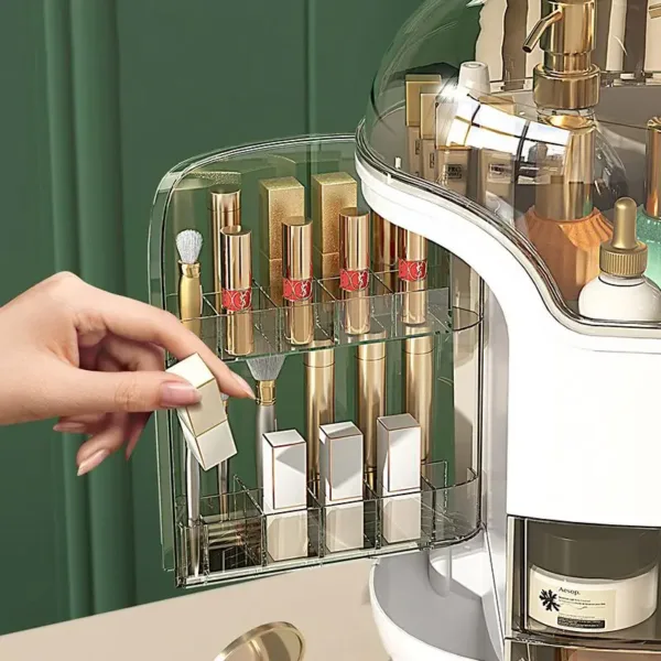 Organisateur de maquillage luxe avec couvercle transparent, tiroirs et compartiments rotatifs