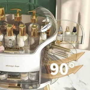 Organisateur de maquillage luxe avec couvercle transparent, tiroirs et compartiments rotatifs