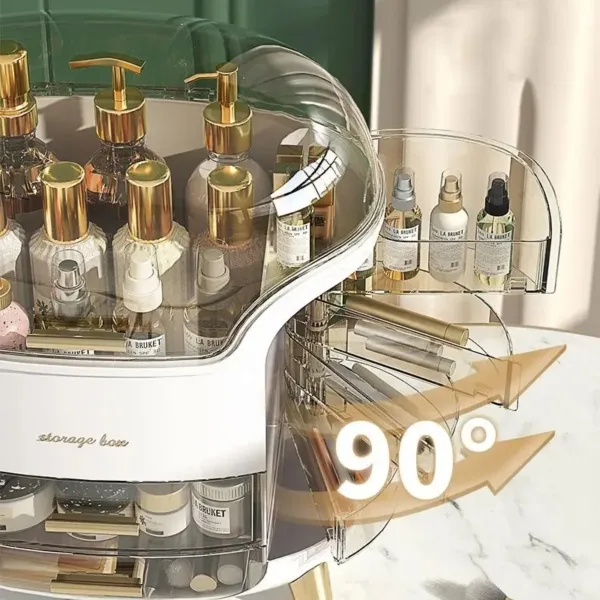 Organisateur de maquillage luxe avec couvercle transparent, tiroirs et compartiments rotatifs