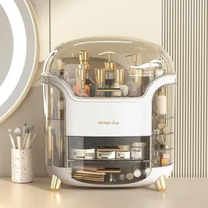 Organisateur de maquillage luxe avec couvercle transparent, tiroirs et compartiments rotatifs