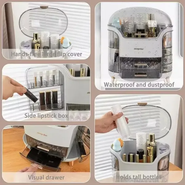Organisateur de maquillage luxe avec couvercle transparent, tiroirs et compartiments rotatifs