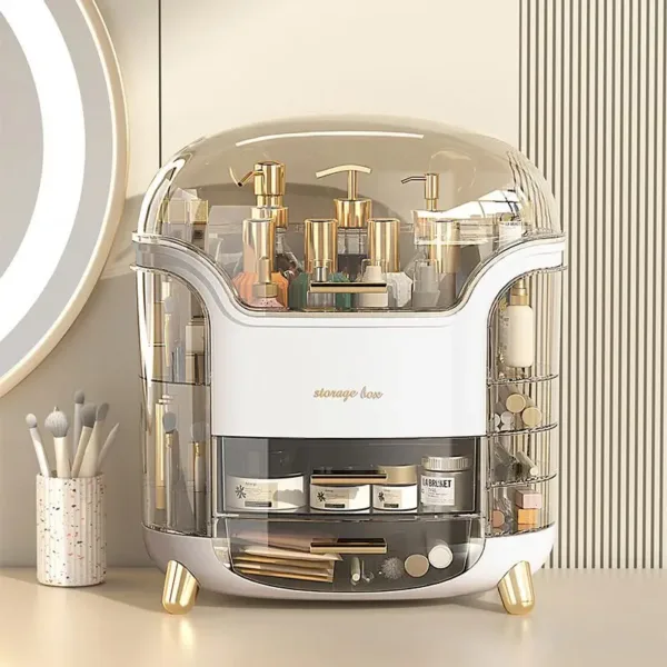 Organisateur de maquillage luxe avec couvercle transparent, tiroirs et compartiments rotatifs