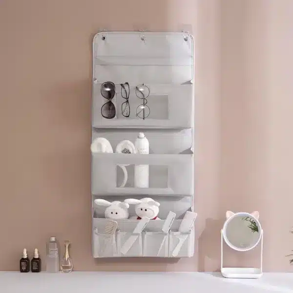 Organisateur mural suspendu gris à poches multiples pour salle de bain, chambre ou dressing