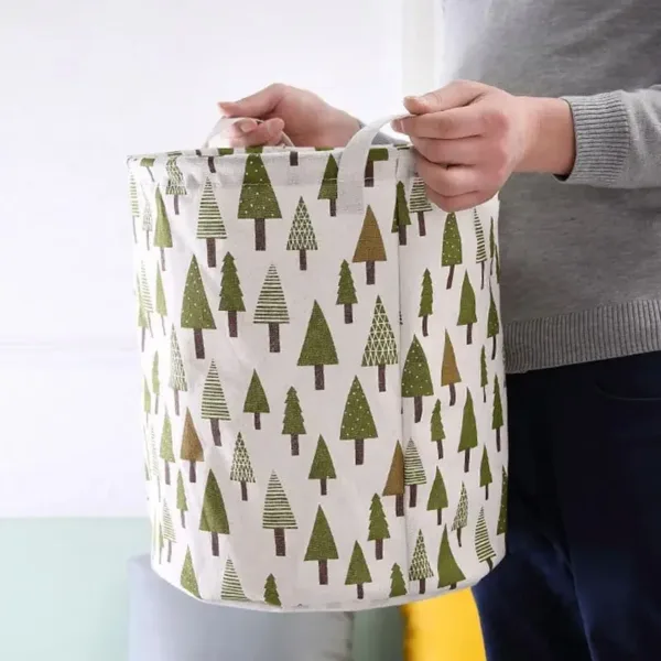 Panier à linge pliable en tissu avec poignées et motifs d’arbres verts