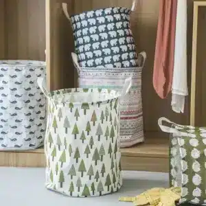 Panier à linge pliable en tissu avec poignées et motifs d’arbres verts