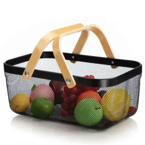 Panier de rangement en métal maillé noir avec poignées en bois pour fruits et légumes – Maroc