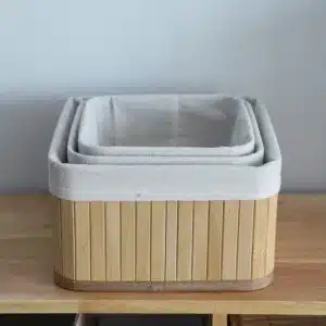 Paniers de rangement carrés en bambou avec doublure en tissu beige