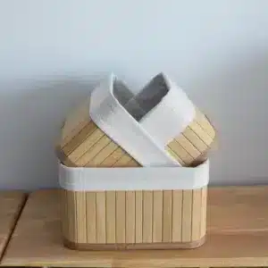 Paniers de rangement carrés en bambou avec doublure en tissu beige